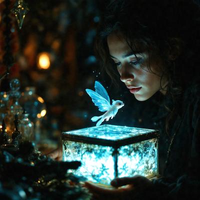 The primary subject of the image is a woman holding a small, intricately designed box. The box appears to be a fairy box, and the woman is looking at it with a sense of wonder. The setting is a dark room, which adds to the atmosphere of the scene. The visual style of the image is a combination of photo and digital art, creating a unique and captivating presentation. The colors and mood of the image are predominantly dark, with the woman's eyes being the only source of light, emphasizing the mysterious and enchanting nature of the fairy box.